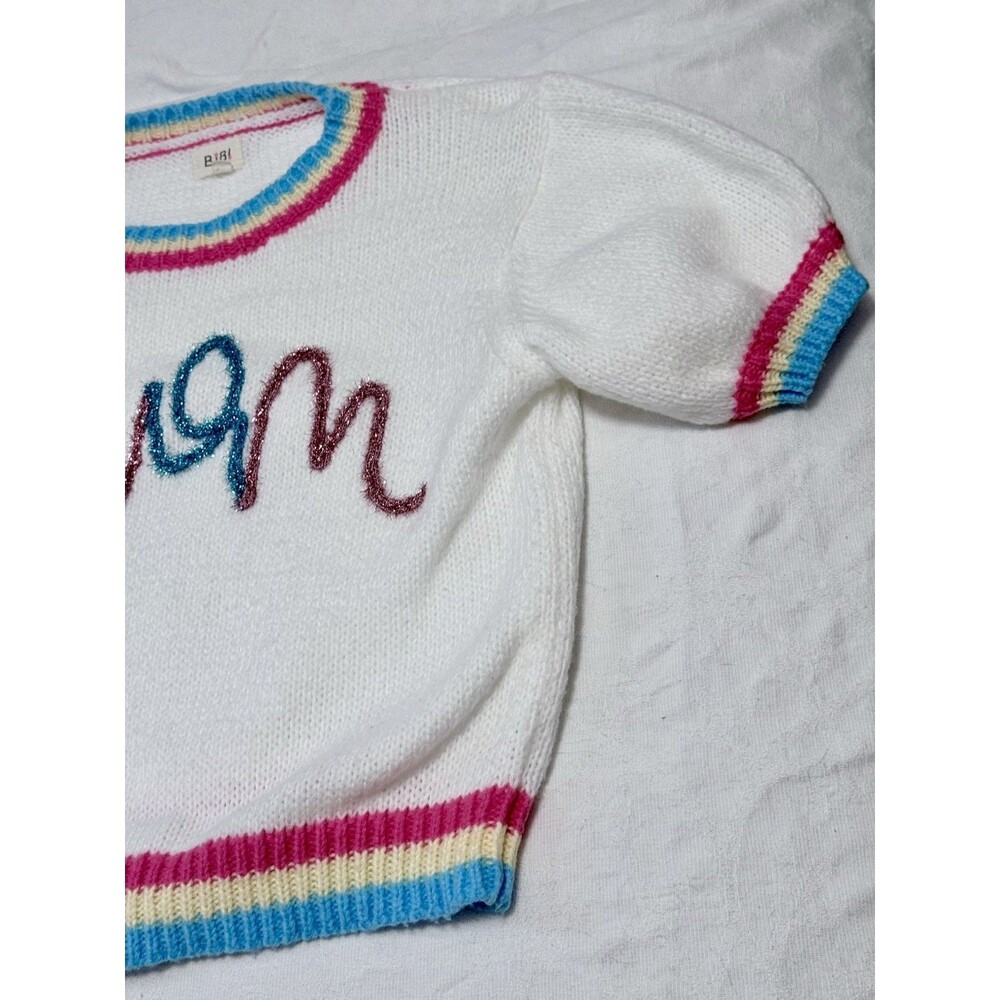 EUC BiBi Fuzzy Cursive Script Spring Sweater Coquette Y2K Puff Sleeve Knit Top S - Picture 10 of 15